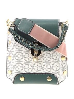 FASHION BAG ~ Green, Off White Pink Patterned Crossbody Bag w/Gold Chain Handle